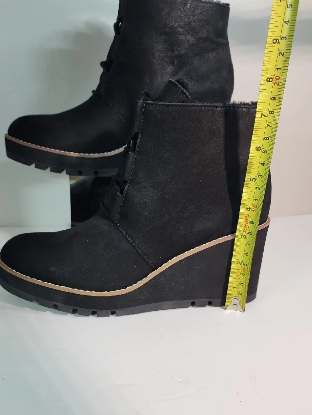 Eileen Fisher Black Lace-Up Wedge Ankle Boot with Contrast Trim